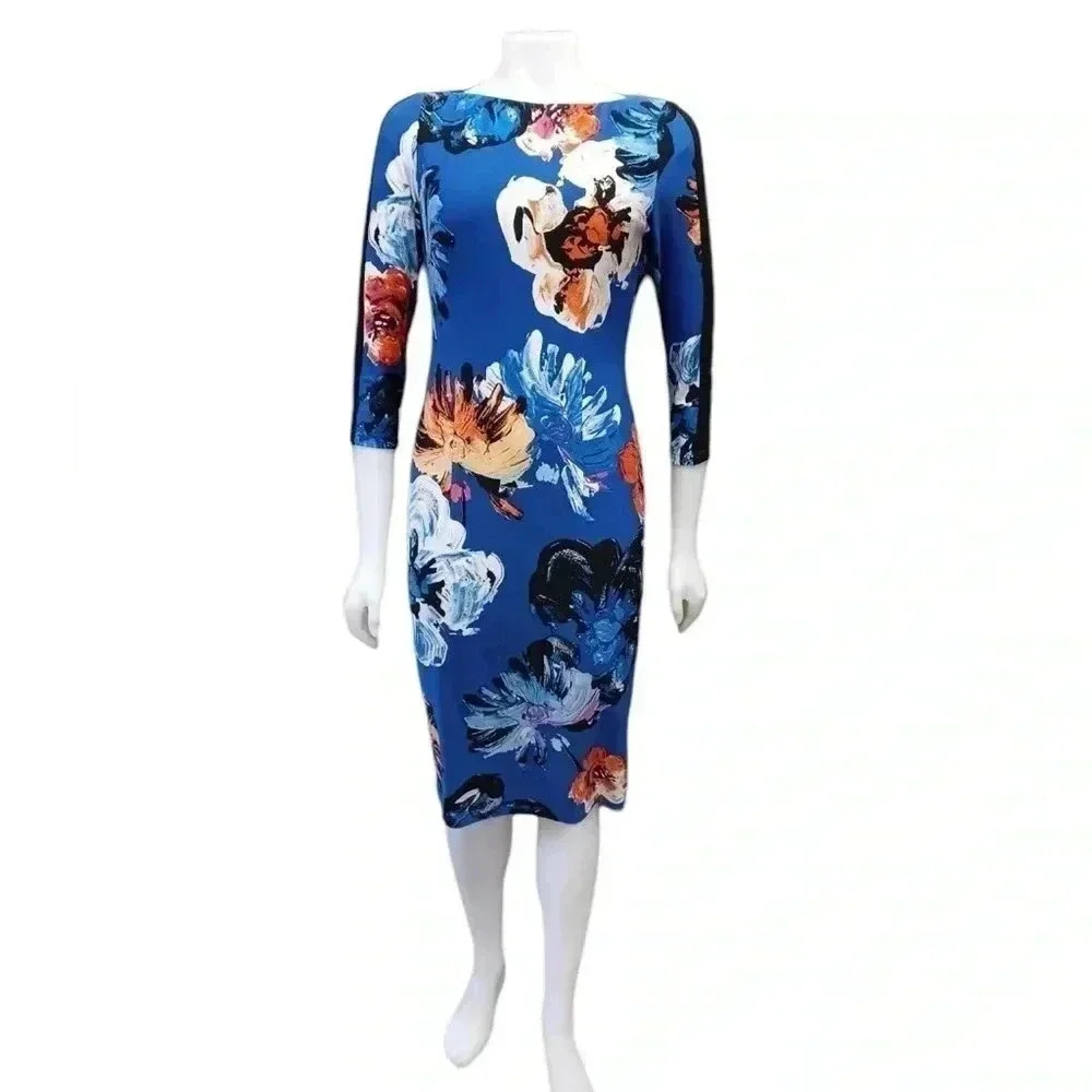 Maggie London Blue Floral Midi Stretchy Dress Size 4